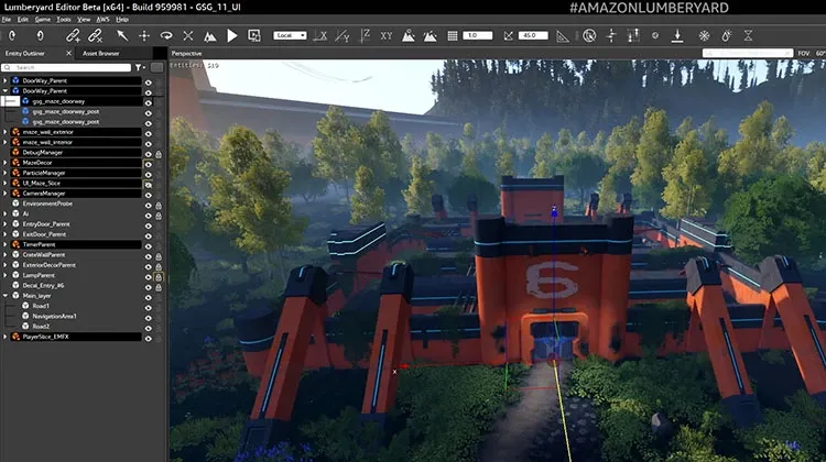 Die Anwendungsoberfläche der Lumberyard Engine während der Arbeit an einem Projekt