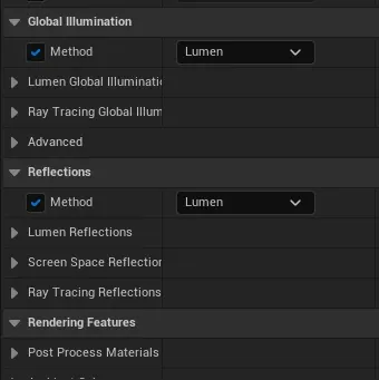 Screenshot der Project Settings in der Unreal Engine, in denen Lumen aktiviert wird