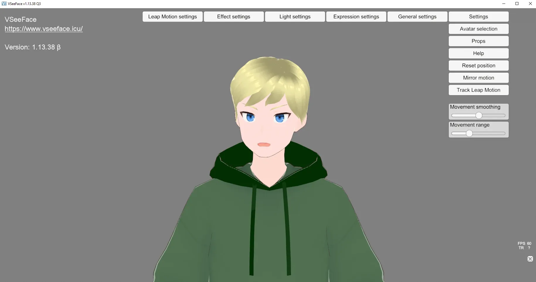 Das Interface von VSeeFace mit einem Beispielmodell