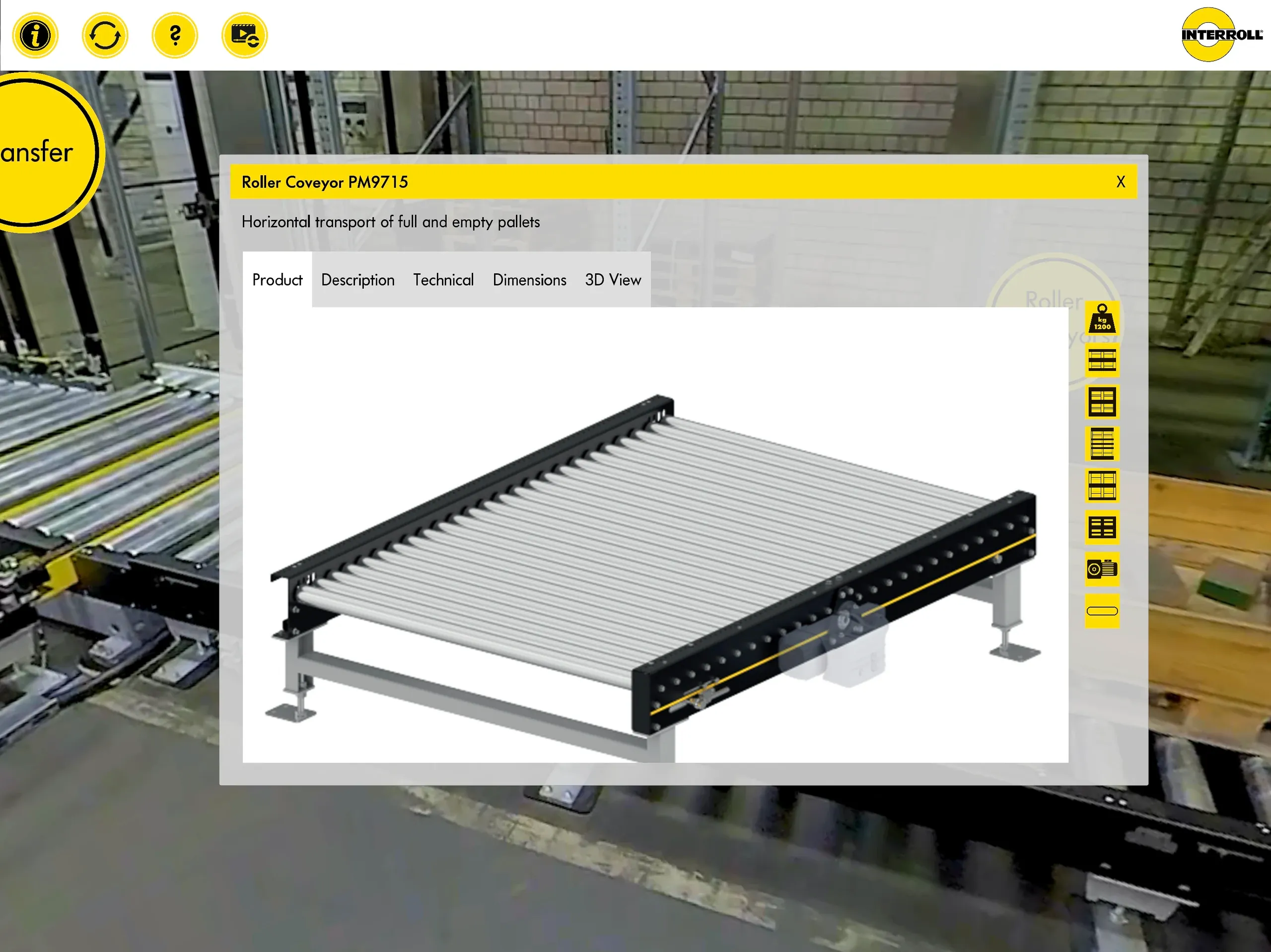 Die App zeigt Fördertechnik wie den Roller Conveyor PM9715 in 3D – inklusive technischer Daten und Dimensionen.