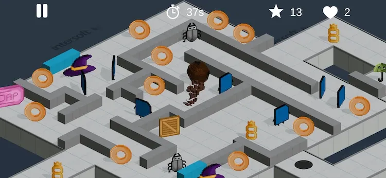 Der Screenshot zeigt Muddini in einem Labyrinth mit verschiedenen Charakteren um ihn herum.