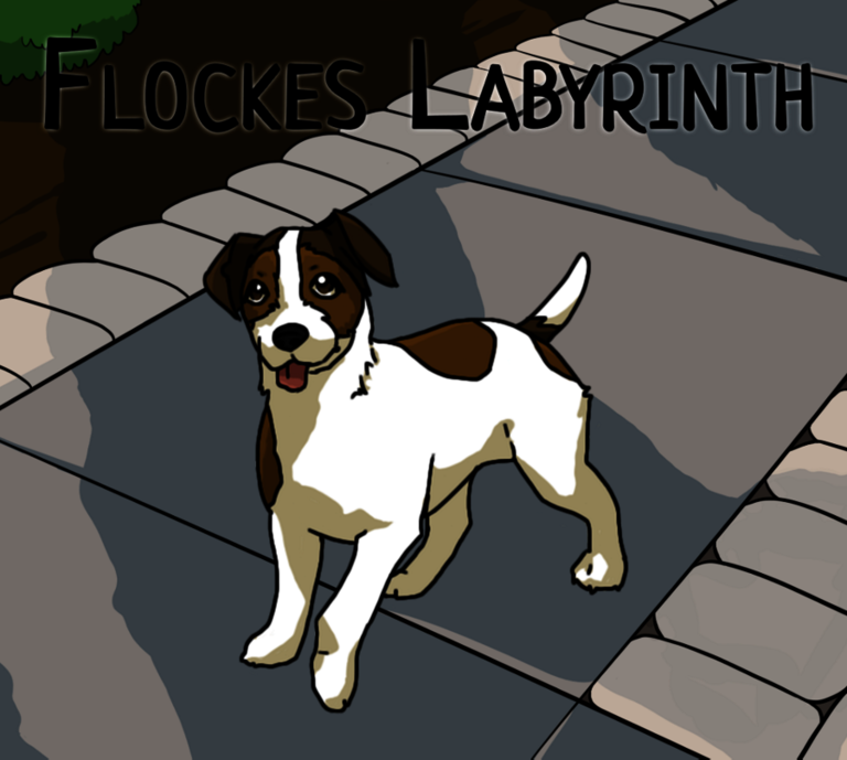 Startmenü-vom-Spiel-Flockes-Labyrinth Das Bild zeigt das Startmenü vom Spiel Flockes Labyrinth. Zu sehen ist die Überschrift Flockes Labyrinth und darunter der Jack Russel Terrier Flocke.