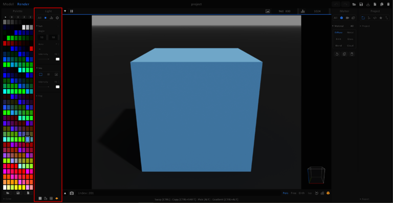 Light-Bereich-hervorgehoben Der Bereich Light rechts neben der Palette ist rot umrandet