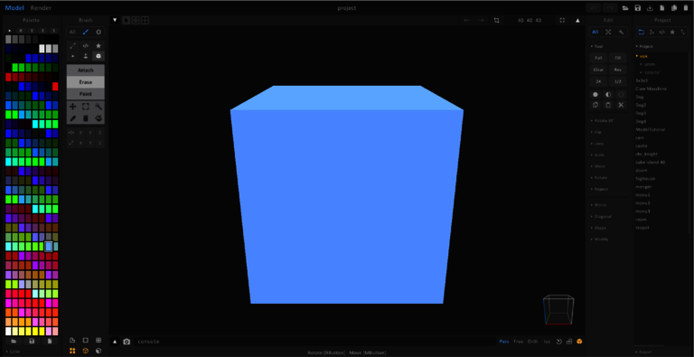 Arbeitsfläche-MagicaVoxel-im-Modus-Modul Arbeitsfläche des Programmes MagicaVoxel im Modus Model