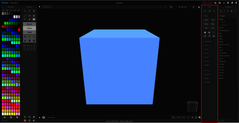 Edit-Bereich-hervorgehoben Der Bereich Edit rechts neben der 3D anzeige ist rot umrandet