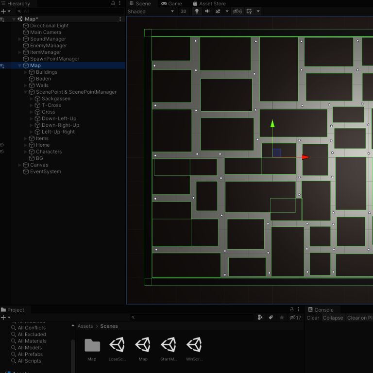 Fertige-Map-in-Unity Fertige Map und Hierachy mit Game Objekten in Unity