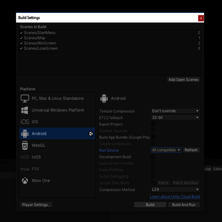Build-Settings-Device-Auswahl-in-Unity Build Settings in Unity