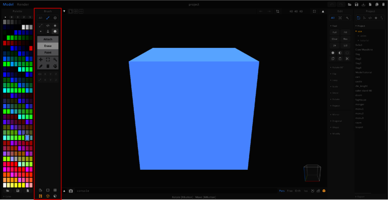 Brush-Bereich-neben-Palette-hervorgehoben Der Bereich Brush rechts neben der Palette ist im Arbeitsplatz rot umrandet