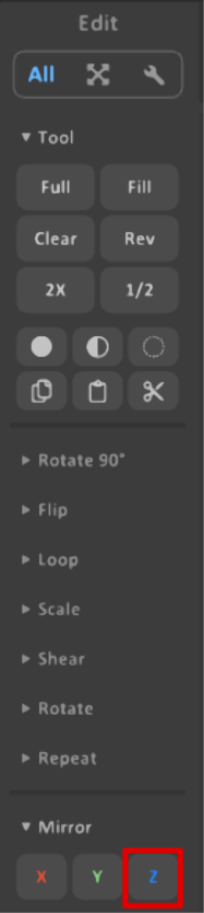 Option-Mirror-ausgeklappt Im Bereich Edit die Option Mirror ausgeklappt an, mit einem roten Rahmen um den Buchstaben Z