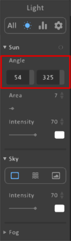 Bereich-Light-im-Render-Modus Der Bereich Light im Modus Render , Unter Option sun ist Angle hervorgehoben