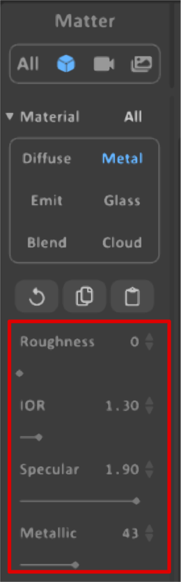 Bereich-Matter-Material-ausgeklappt Bereich Matter mit der ausgeklappten Option Material. Das Material Metal ist ausgewählt und die Einstellungen darunter sind rot umrandet