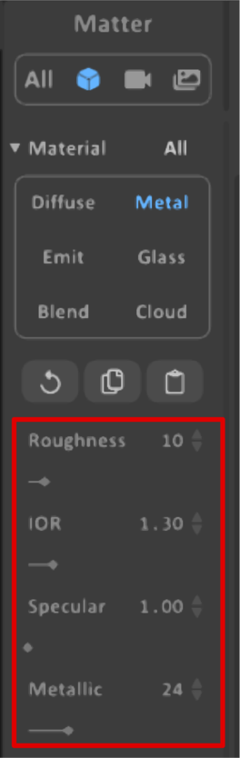 Bereich-Matter-Option-Material Der Bereich Matter mit der ausgeklappten Option Material. Das Material Metal ist ausgewählt und die Einstellungen darunter sind hervorgehoben