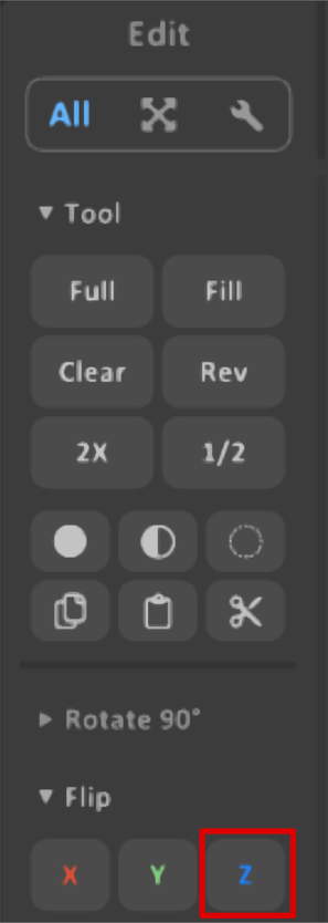 Option-Flip-ausgeklappt Im Bereich Edit ist die Option Flip ausgeklappt an, mit einem roten rahmen um den Buchstaben Z
